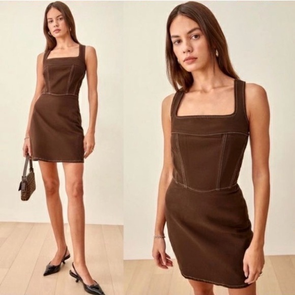 Reformation Dresses & Skirts - Reformation Davies Bustier Cafe Brown Denim Mini Dress NWT 2 Small Western Rodeo